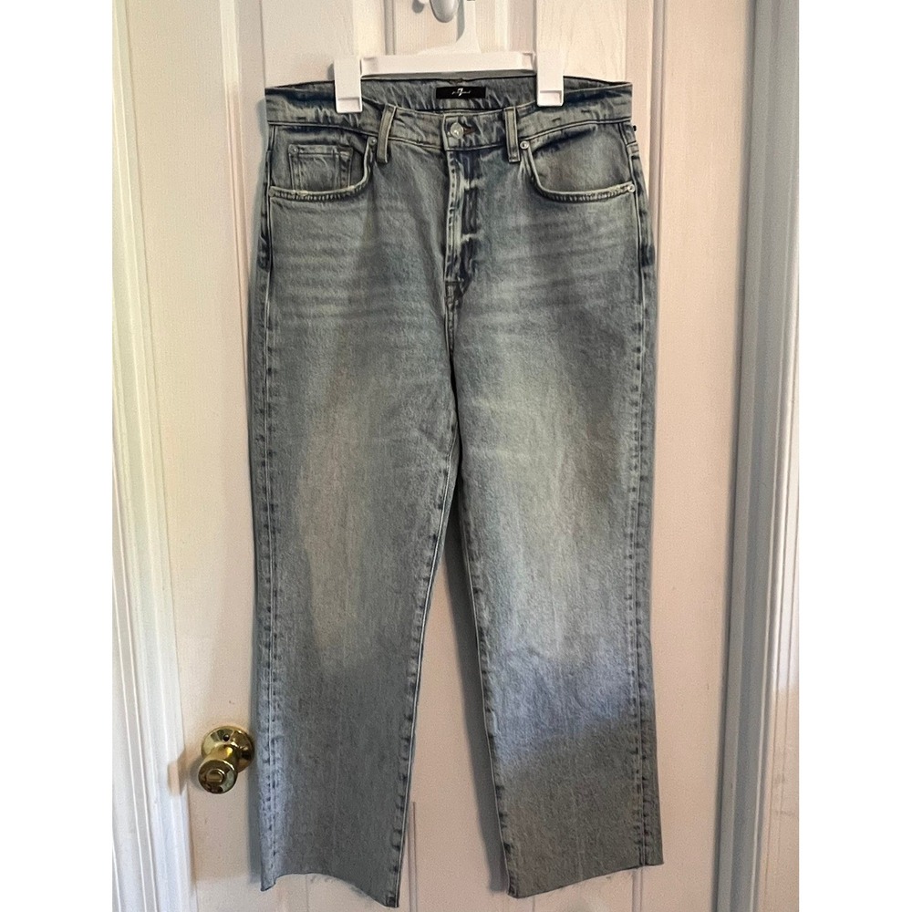 7 For All Mankind Logan Stovepipe Jeans Ode To Blue Raw Hem 7U647C10 Size 30